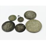 William & Mary silver coin, 1689, George II silver florin, 1745 and an Elizabethan hammered silver