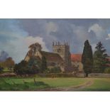 Beatrice Langdon, oil on board, view of a Devonshire church, unsigned, label verso, 8ins x 15.