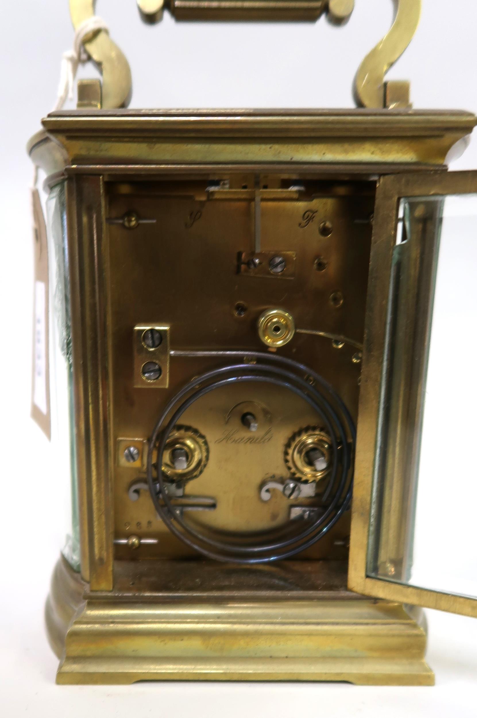 Late 19th / early 20th Century carriage clock, the brass case with bow end panels, enamel dial - Bild 2 aus 2