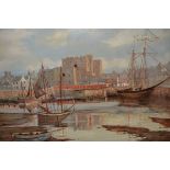 James Collinson, oil on canvas, harbour scene with distant castle, 17.5ins x 23.5ins, together