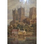 19th Century watercolour, view of Durham Cathedral with river to the foreground, 19ins x 13.5ins,