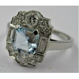 Platinum Deco style ring set square aquamarine surrounded by diamonds, size N