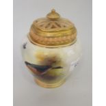 Royal Worcester potpourri vase with inner and outer covers, painted with bullfinches by E. Barker,