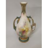Hadley's Worcester two handled baluster vase with narrow neck, painted with roses, 11.5ins high Some