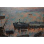 Oil on board, boats in a harbour at dusk, 12ins x 14ins