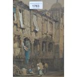 Style of Samuel Prout, watercolour, Continental town scene with figures, 10ins x 7.75ins, together