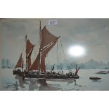 R.H Davies (Wapping Group) watercolour study of Thames barges, 12.5ins x 19ins approximately, gilt