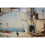 20th Century oil on canvas, Continental harbour scene with figure below an archway, signed