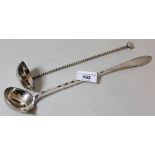 Continental white metal ladle with twisted handle, together with another silver plated ladle
