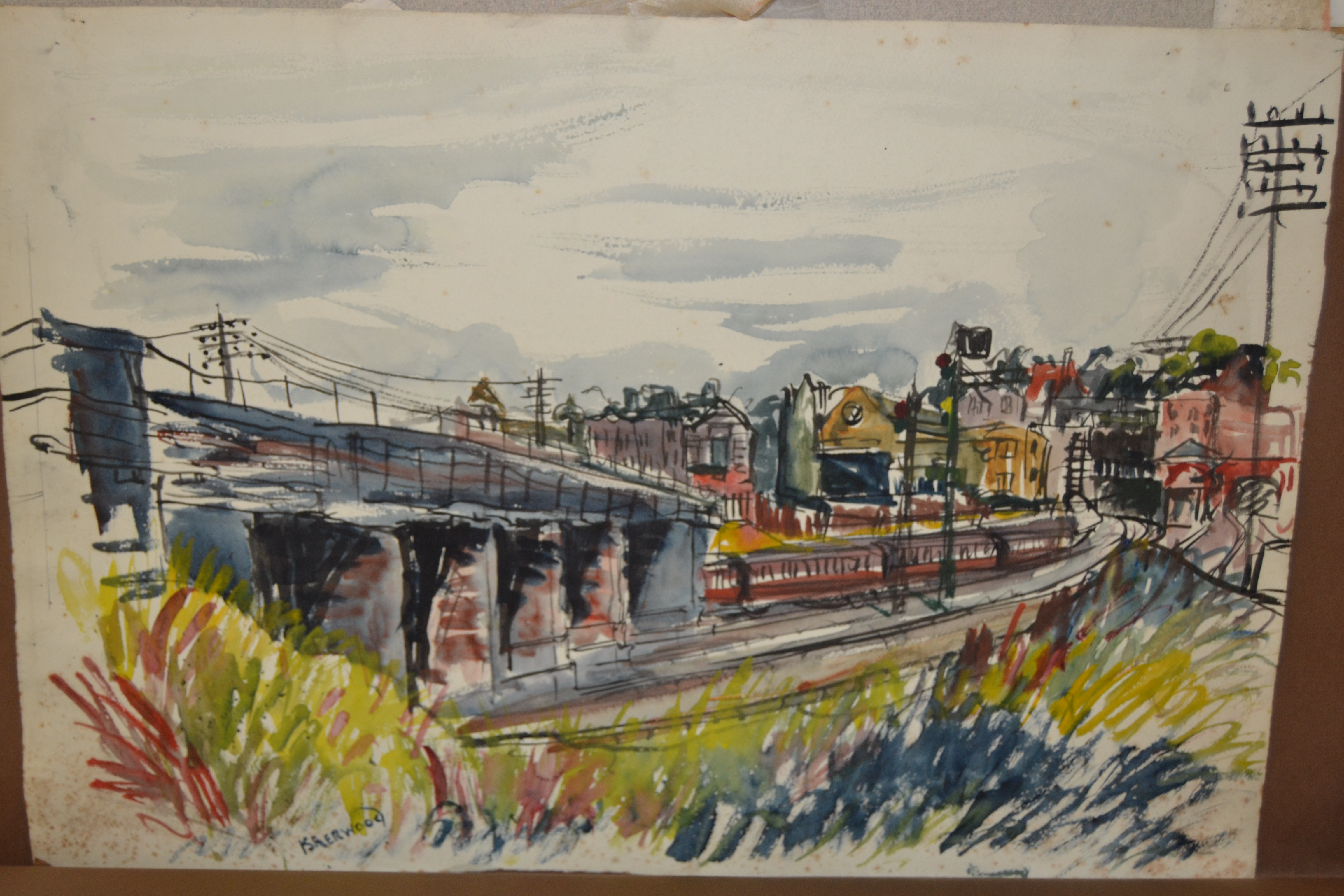 Unframed watercolour, study of a train junction, signed Isherwood, 15ins x 22.5ins