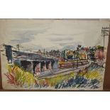 Unframed watercolour, study of a train junction, signed Isherwood, 15ins x 22.5ins