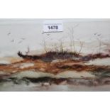 Joanne Miller Rafferty, mixed media, birds in flight in misty landscape, signed, 6.25ins x 14ins