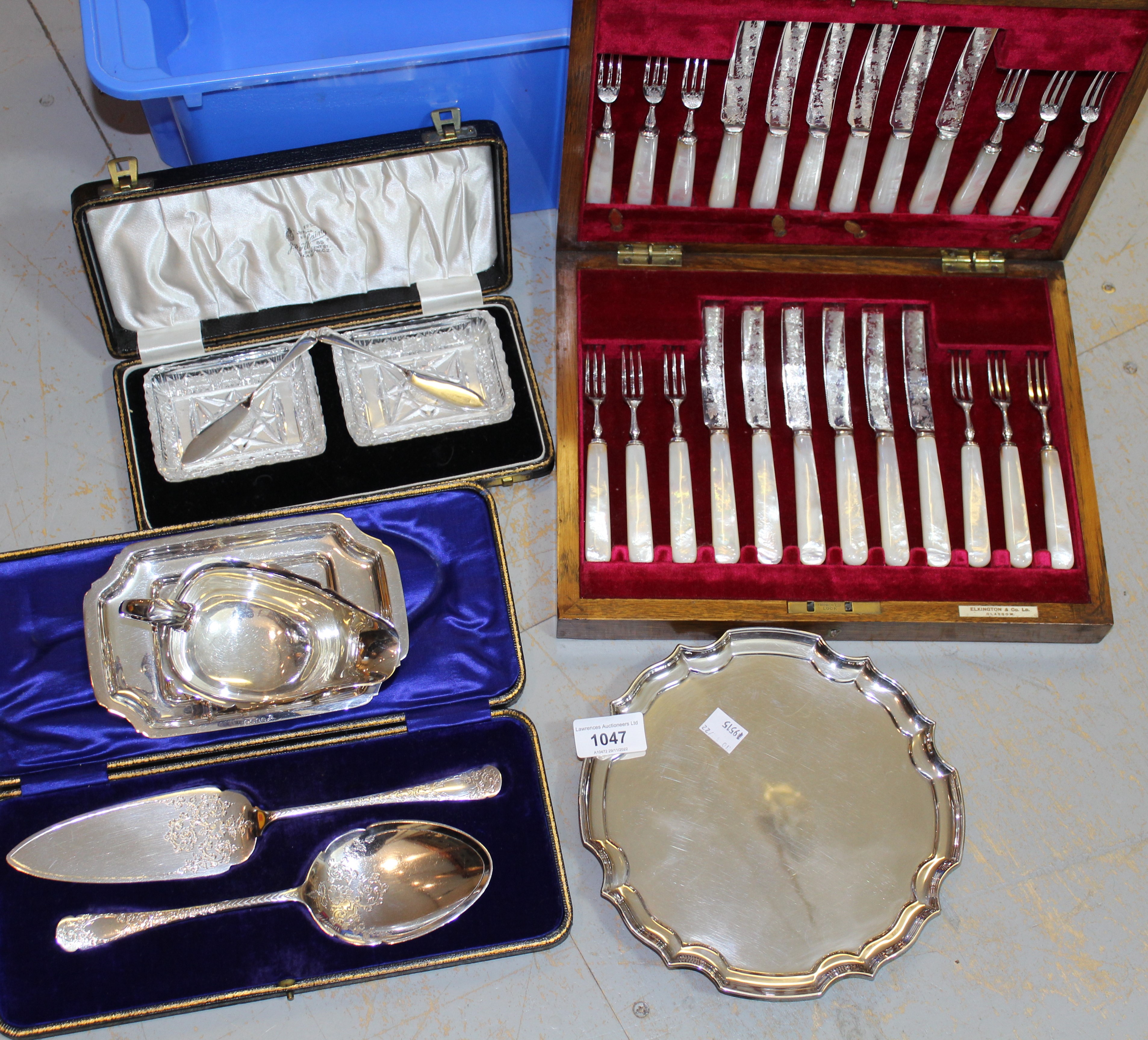Quantity of various silver plated items including a cased set of Elkington & Co. mother of pearl