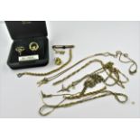 Four 9ct gold chains, (three with gold pendants), pair of 9ct gold earrings, a gold sphinx head