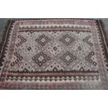 Small Kelim rug with all-over stylised flowerhead design in shades of beige, cream and rose, 6ft x
