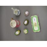 Sparks Worcester floral decorated pen tray, various miniature trinket boxes, Christening mug and a