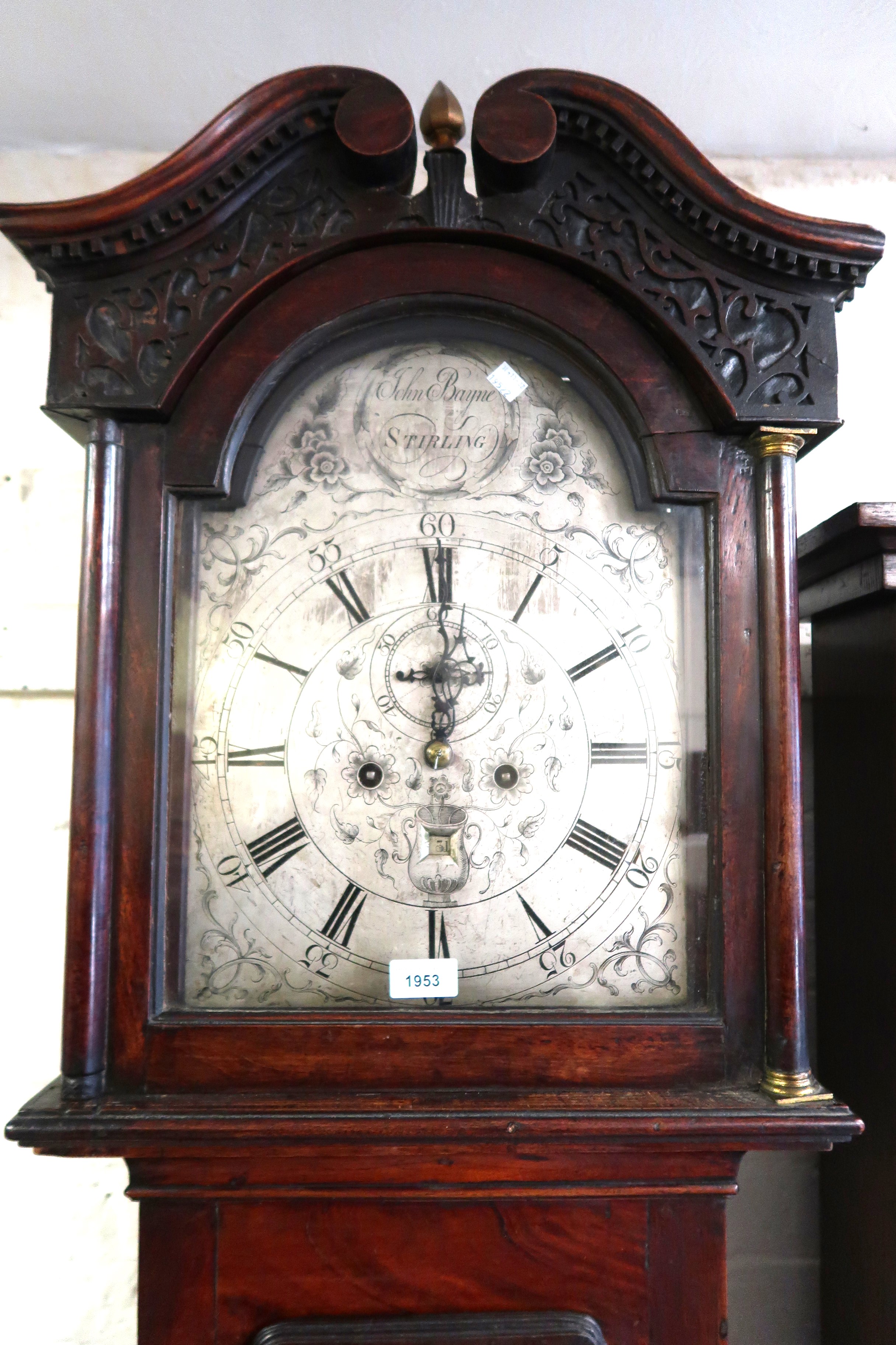 George III mahogany longcase clock, the silvered dial with Arabic and Roman numerals, signed John