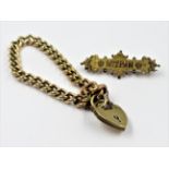 9ct Gold curb link bracelet with a padlock clasp, together with a 9ct gold Mizpah brooch, 21.5g