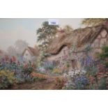 J. Halford Ross, watercolour, summer garden scene with thatched cottages, signed, 13.75ins x