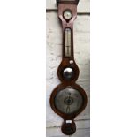 George III mahogany and line inlaid banjo shaped wheel barometer, (at fault)
