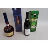 One litre bottle of Courvoisier, bottle of Crofts sherry, Lirac and a boxed bottle of Metaxa Amphora