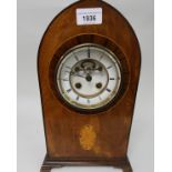 Edwardian mahogany and inlaid lancet shaped mantel clock with enamel dial, Roman numerals and two