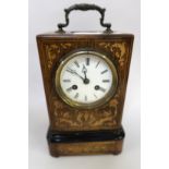 19th Century French rosewood and marquetry inlaid mantel clock, the enamel dial with Roman numerals,