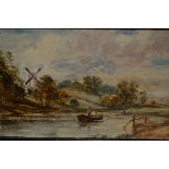 19th Century oil sketch on panel, river landscape with boatmen, in the manner of John Constable,