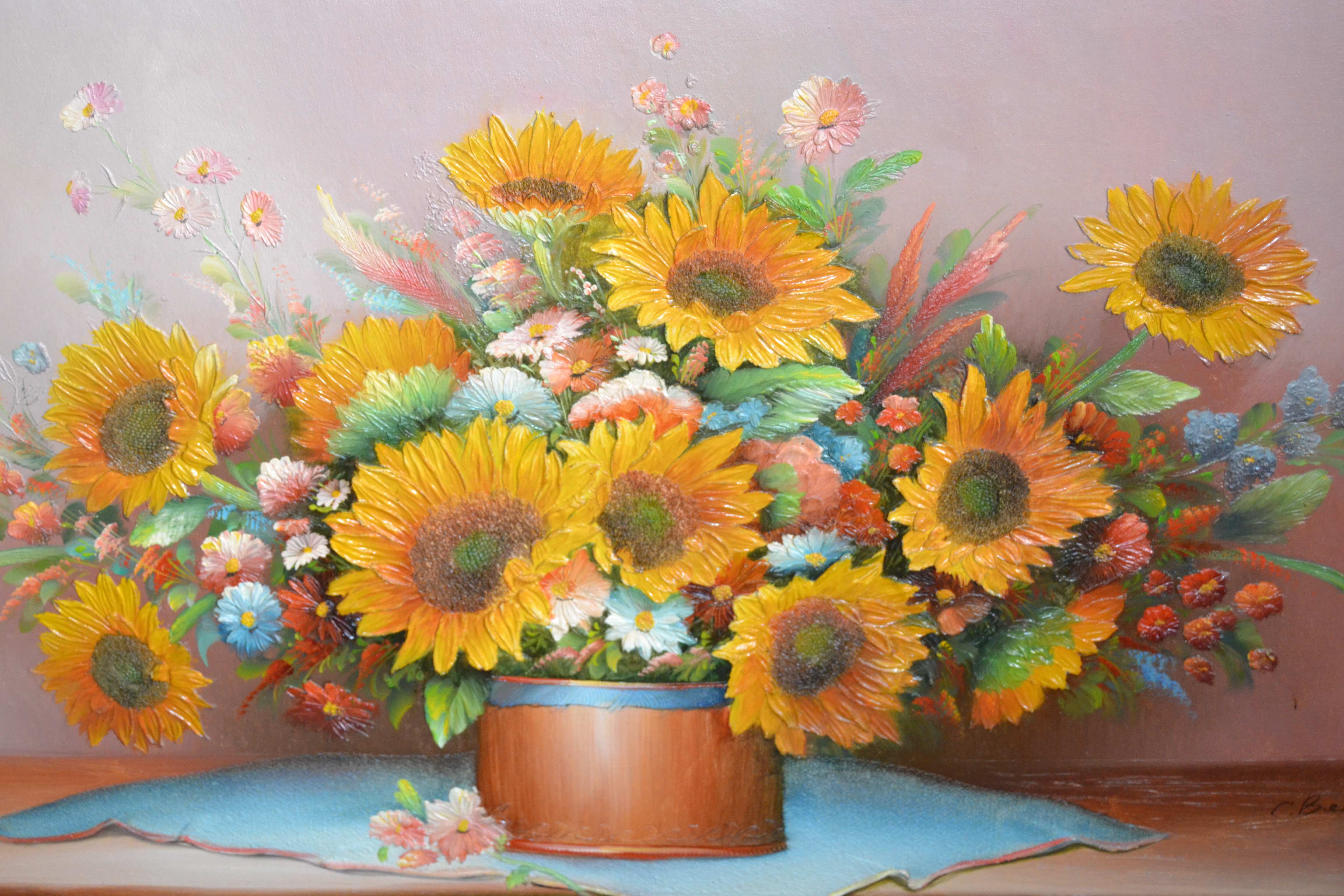 Large late 20th Century acrylic on canvas, vase of flowers ,including sunflowers, indistinctly