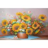 Large late 20th Century acrylic on canvas, vase of flowers ,including sunflowers, indistinctly