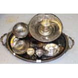 Oval silver plated two handled tray, a 19th Century plated basket with swing handle and small