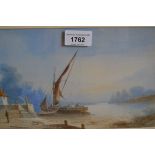 W.H Earp, watercolour, barge moored at a quayside, signed, 6ins x 9.5ins, gilt framed, together with