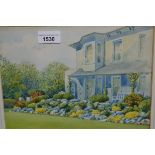 Watercolour view of a country house and garden, 7.5ins x 10.5ins approximately, together with a pair