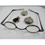 Silver cased fob watch, silver locket, swivel pendant and a pair of antique silver spectacles