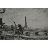 Aime Edmond Dallenagme, etching, view on the Seine in Paris, with Eiffel Tower to the background,