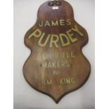 Late 20th Century shaped wooden sign painted James Purdey gun and rifle makers to H.M King Looks