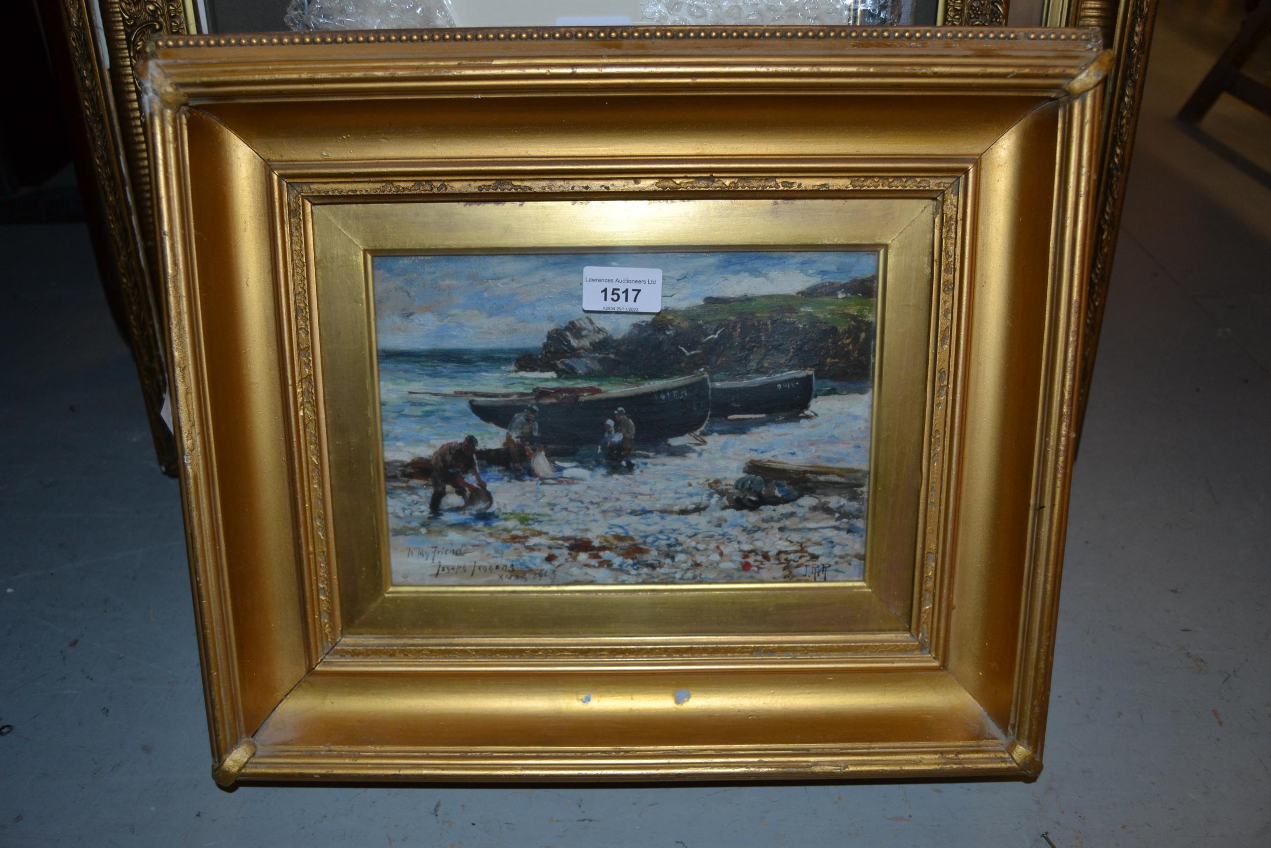 John Robertson Reid, oil on canvas, beach scene with figures and fishing boats, signed with initials - Image 2 of 6