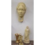 Modern plaster wall bust, another plaster figure, and a lustre vase