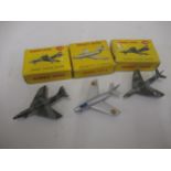 Three boxed Dinky Toys diecast metal model aircraft, 60A and 2 of 736