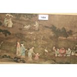 Chinese coloured print depicting various figures taking tea in a landscape with pagodas, gilt