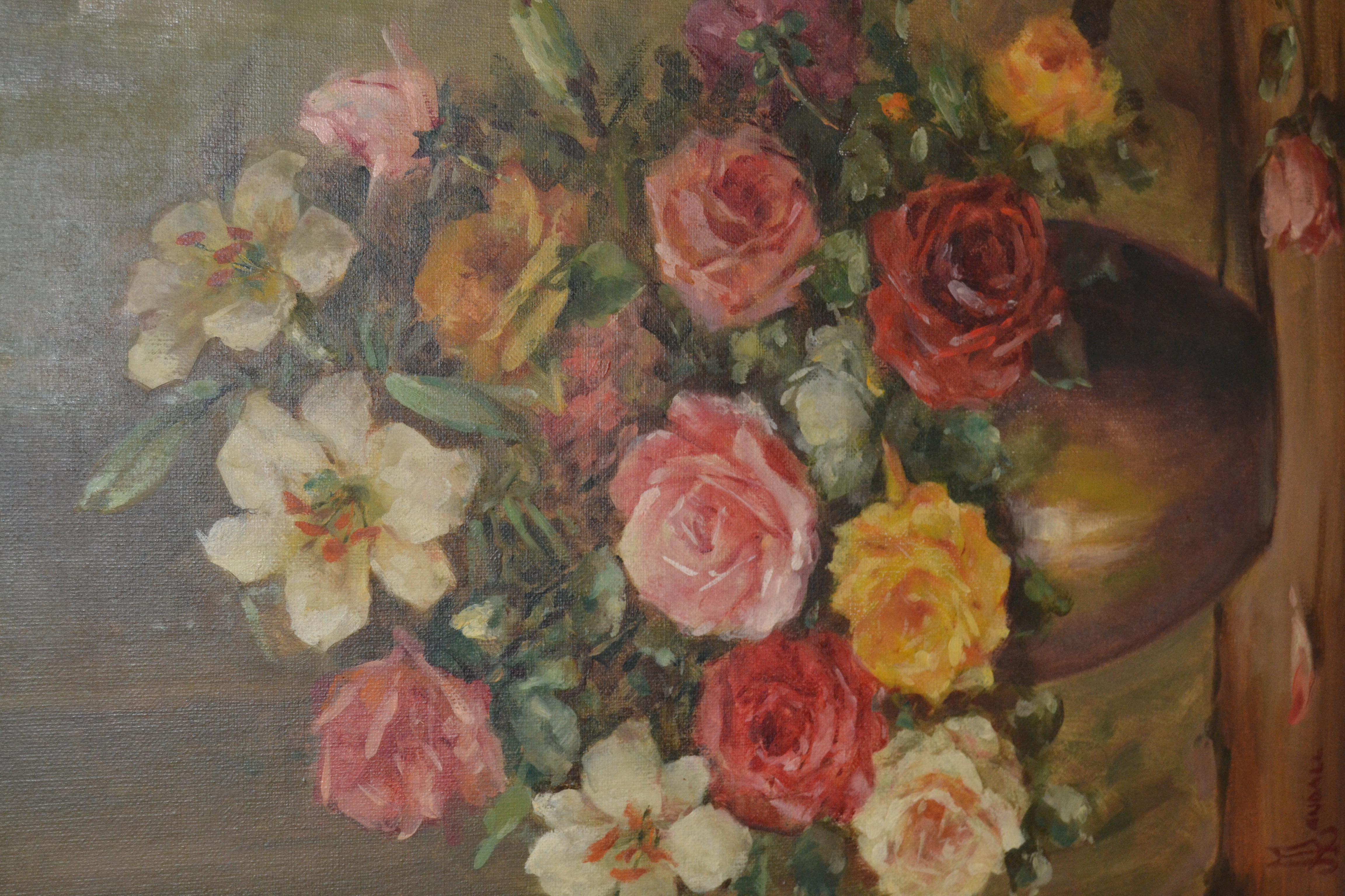 A. Randall, 20th Century oil on canvas, still life vase of flowers, signed, 19ins x 15ins, giltl