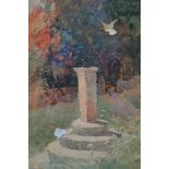 Thomas Mackay, signed watercolour, garden scene with doves by a sundial, 7.5ins x 5.5ins