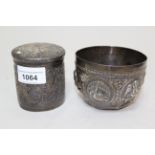 Small Burmese white metal cylindrical box and cover and a similar small bowl