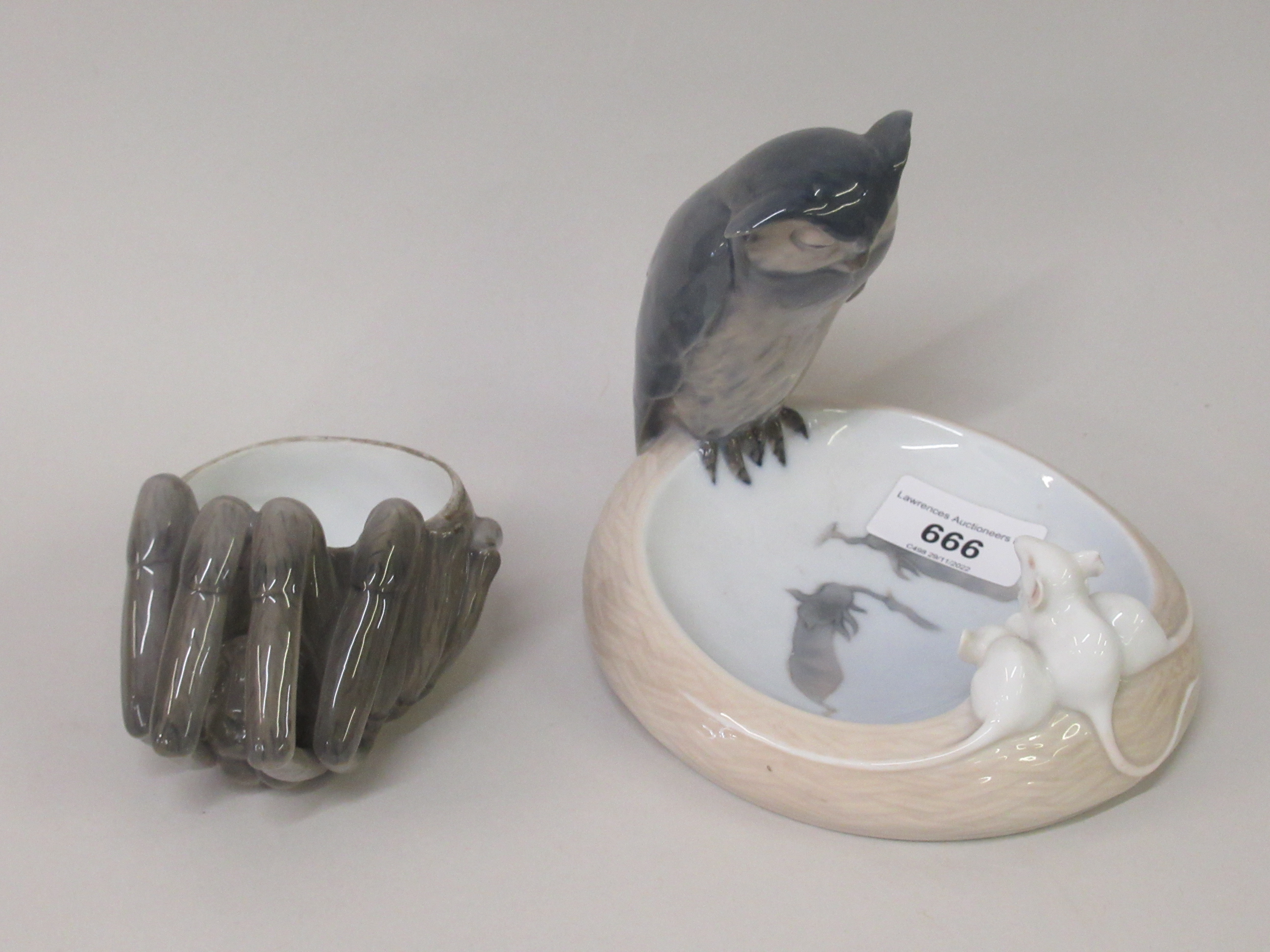 Rare Royal Copenhagen trinket dish, mounted with a figure of an owl and three figures mice, 4.