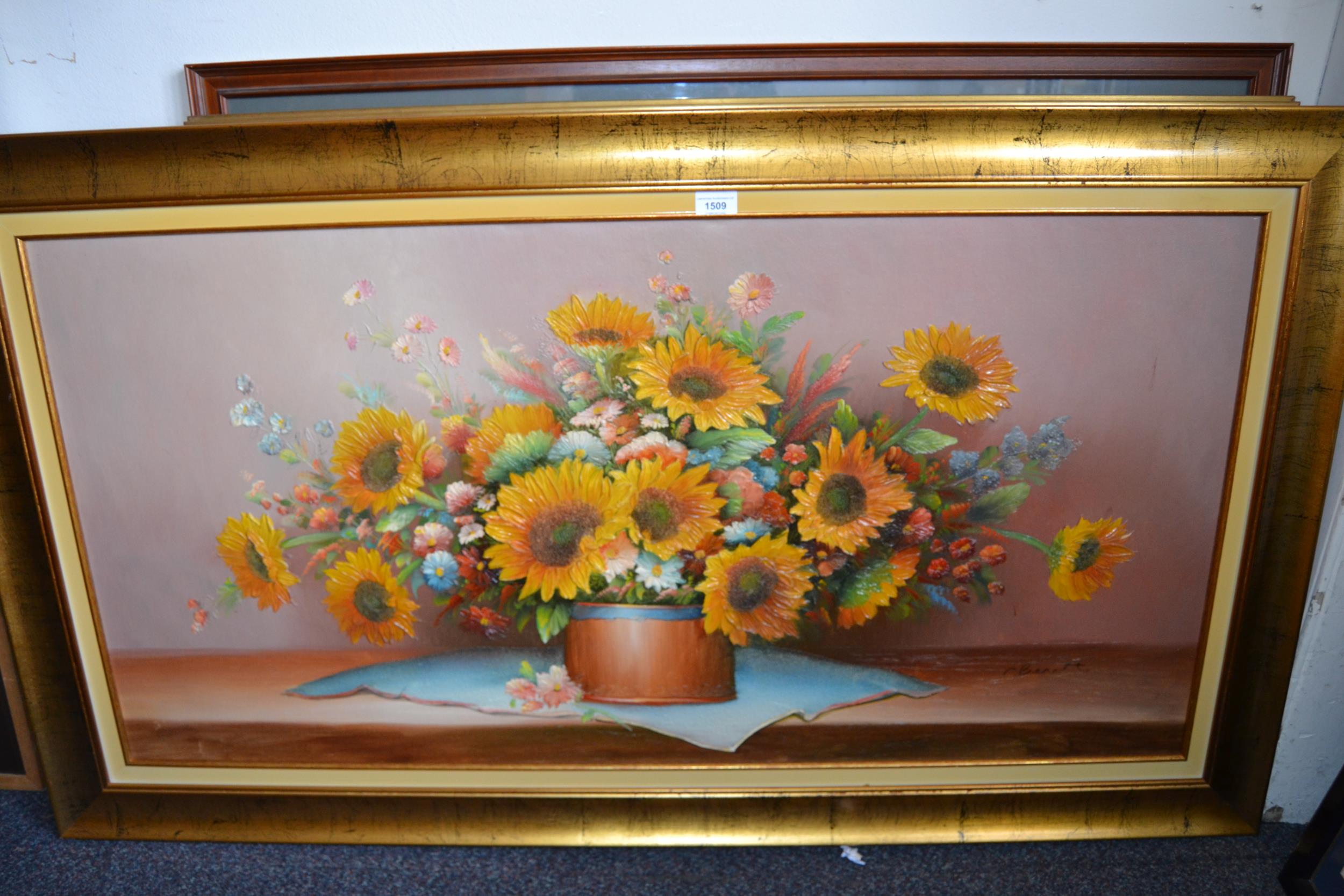 Large late 20th Century acrylic on canvas, vase of flowers ,including sunflowers, indistinctly - Image 2 of 3