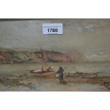 J. Hughes Clayton, watercolour, coastal scene with figures and boat, signed, 6ins x 13.5ins, gilt