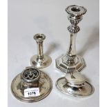Small Birmingham silver oval capstan inkwell, another with pique work lid (at fault), and two silver