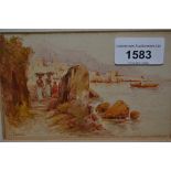 Two small framed watercolours, continental coastal inlet with figures on a path, signed Carelli, and