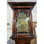 Unusual mahogany longcase clock, incorporating an antique lantern clock movement, the rectangular