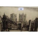 Pair of Artist signed etchings, views of Ely and Lincoln cathedrals, 11ins x 14ins, framed